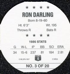 1987 Weis Winners Discs #3 Ron Darling Back