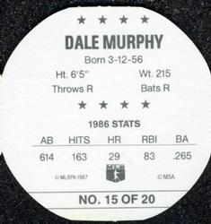1987 Weis Winners Discs #15 Dale Murphy Back