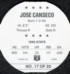 1987 Weis Winners Discs #17 Jose Canseco Back