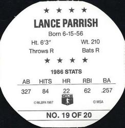 1987 Weis Winners Discs #19 Lance Parrish Back