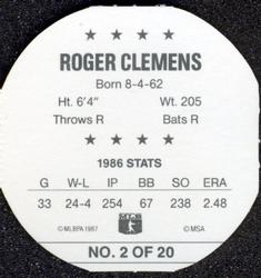 1987 Our Own Tea Discs #2 Roger Clemens Back