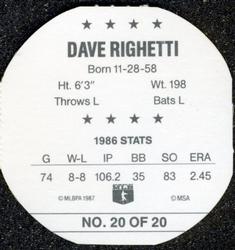 1987 Our Own Tea Discs #20 Dave Righetti Back