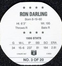 1987 Super Stars Discs #3 Ron Darling Back