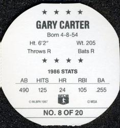 1987 Super Stars Discs #8 Gary Carter Back