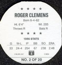 1987 Key Food Discs #2 Roger Clemens Back