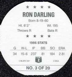 1987 Key Food Discs #3 Ron Darling Back