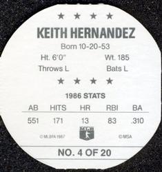 1987 Key Food Discs #4 Keith Hernandez Back