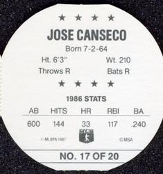 1987 Key Food Discs #17 Jose Canseco Back