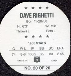1987 Key Food Discs #20 Dave Righetti Back