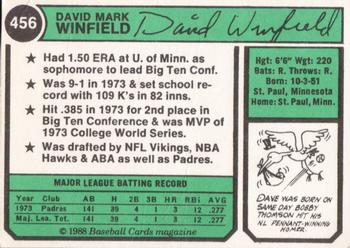 1988 Baseball Cards Magazine Repli-cards #456 Dave Winfield Back