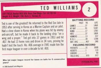 1988 Baseball Cards Magazine Repli-cards #2 Ted Williams Back