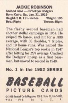 1988 Baseball Cards Magazine Repli-cards #1 Jackie Robinson Back