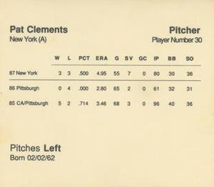 1988 Parker Bros. Starting Lineup Talking Baseball New York Yankees #30 Pat Clements Back