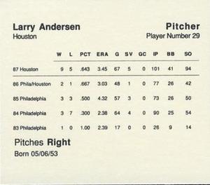 1988 Parker Bros. Starting Lineup Talking Baseball Houston Astros #29 Larry Andersen Back