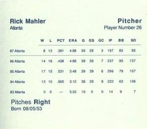 1988 Parker Bros. Starting Lineup Talking Baseball Atlanta Braves #26 Rick Mahler Back