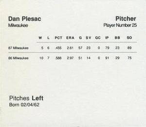 1988 Parker Bros. Starting Lineup Talking Baseball Milwaukee Brewers #25 Dan Plesac Back