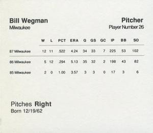 1988 Parker Bros. Starting Lineup Talking Baseball Milwaukee Brewers #26 Bill Wegman Back