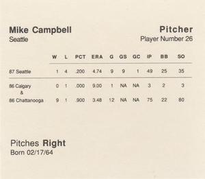 1988 Parker Bros. Starting Lineup Talking Baseball Seattle Mariners #26 Mike Campbell Back