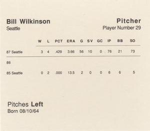 1988 Parker Bros. Starting Lineup Talking Baseball Seattle Mariners #29 Bill Wilkinson Back