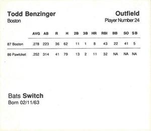 1988 Parker Bros. Starting Lineup Talking Baseball Boston Red Sox #24 Todd Benzinger Back