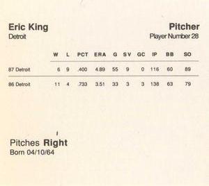1988 Parker Bros. Starting Lineup Talking Baseball Detroit Tigers #28 Eric King Back