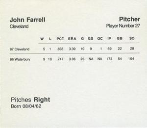 1988 Parker Bros. Starting Lineup Talking Baseball Cleveland Indians #27 John Farrell Back