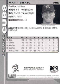 2006 Choice Daytona Cubs #06 Matt Craig Back