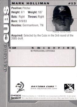 2006 Choice Daytona Cubs #13 Mark Holliman Back