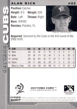 2006 Choice Daytona Cubs #22 Alan Rick Back