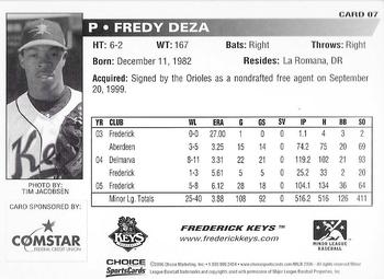2006 Choice Frederick Keys SGA #07 Fredy Deza Back