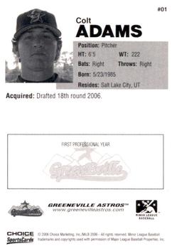 2006 Choice Greeneville Astros #01 Colt Adams Back