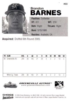 2006 Choice Greeneville Astros #03 Brandon Barnes Back