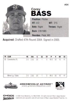 2006 Choice Greeneville Astros #04 Corey Bass Back