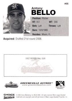 2006 Choice Greeneville Astros #05 Anthony Bello Back