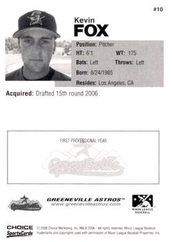 2006 Choice Greeneville Astros #10 Kevin Fox Back