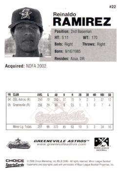 2006 Choice Greeneville Astros #22 Reinaldo Ramirez Back