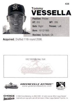 2006 Choice Greeneville Astros #28 Tommy Vessella Back