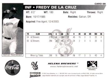 2006 Choice Helena Brewers #08 Fredy De La Cruz Back