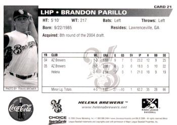 2006 Choice Helena Brewers #21 Brandon Parillo Back
