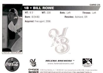 2006 Choice Helena Brewers #23 Bill Rowe Back