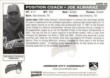 2006 Choice Johnson City Cardinals #33 Joe Almaraz Back