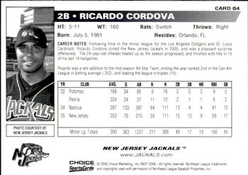 2006 Choice New Jersey Jackals #4 Ricardo Cordova Back