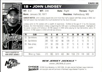2006 Choice New Jersey Jackals #8 John Lindsey Back
