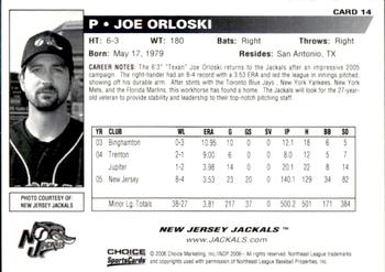 2006 Choice New Jersey Jackals #14 Joe Orloski Back