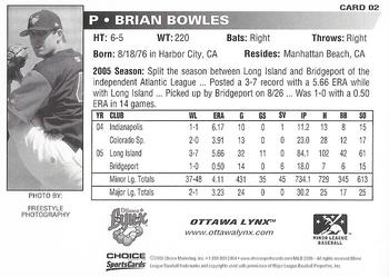 2006 Choice Ottawa Lynx #2 Brian Bowles Back