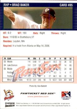 2006 Choice Pawtucket Red Sox #5 Brad Baker Back