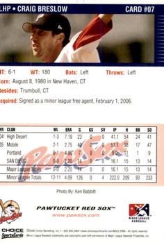 2006 Choice Pawtucket Red Sox #7 Craig Breslow Back