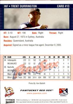 2006 Choice Pawtucket Red Sox #13 Trent Durrington Back