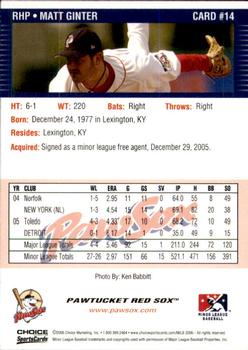 2006 Choice Pawtucket Red Sox #14 Matt Ginter Back