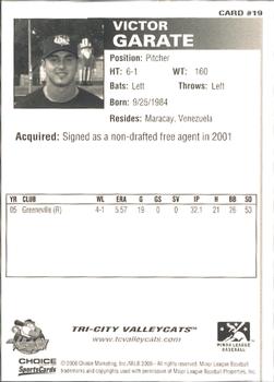 2006 Choice Tri-City ValleyCats #19 Victor Garate Back